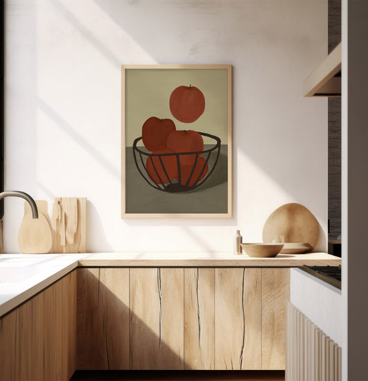 Framed red apples still life art print displayed in modern kitchen, fruit poster for kitchen wall décor.