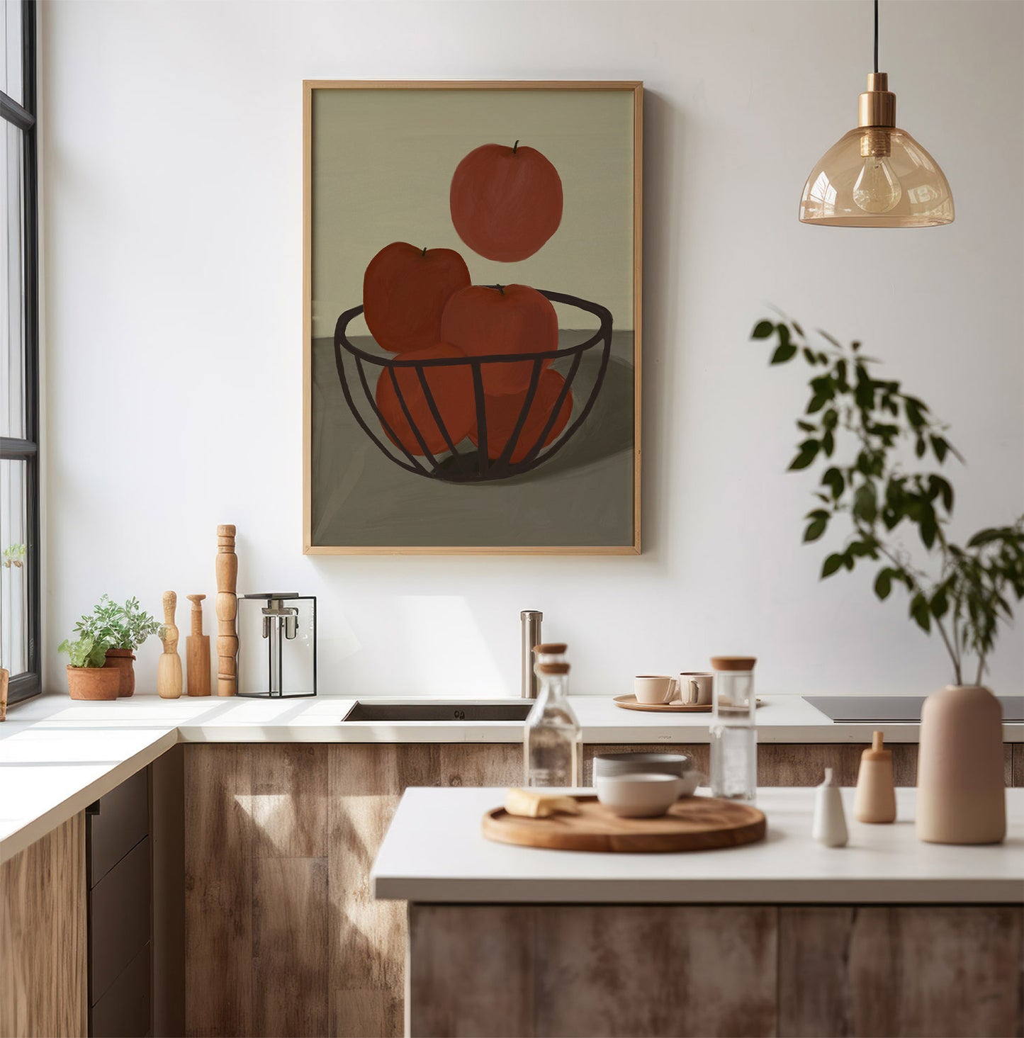 Red apples wall art print in wooden frame above dining table, modern fruit poster for kitchen or dining room décor.