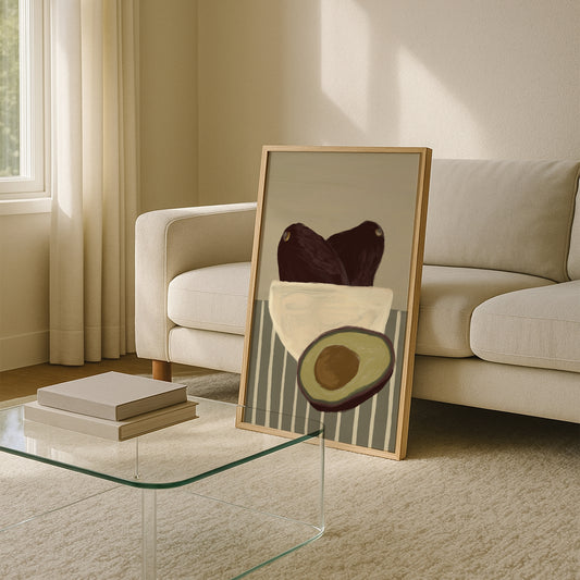 Framed avocado art print styled in a modern living room, contemporary fruit wall art poster for home décor.
