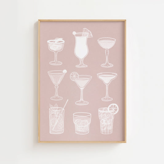 Cocktail glasses art print in pastel pink, minimalist drinks poster for kitchen, dining room, or home bar décor.