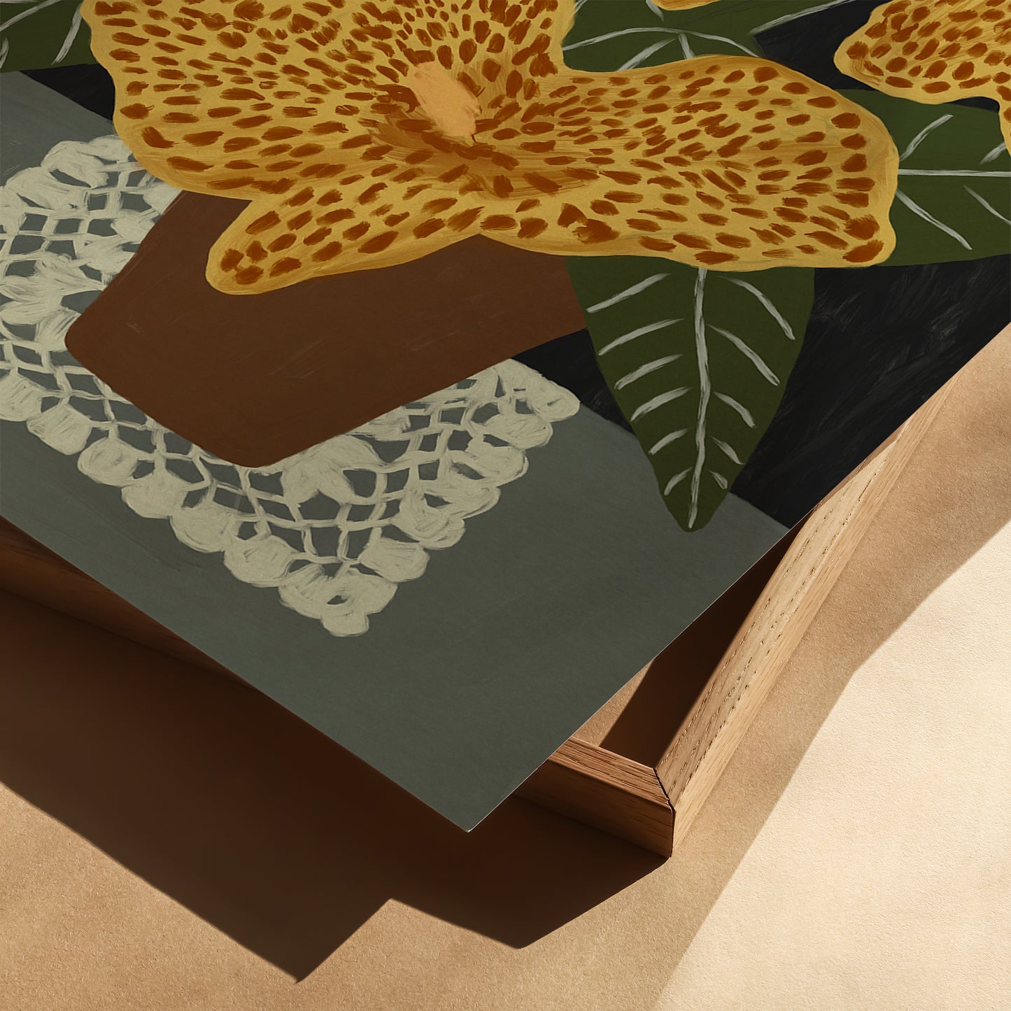 Detail of golden lilies illustration art print showing paper texture and floral pattern – botanical wall art reproduction with warm earthy tones.