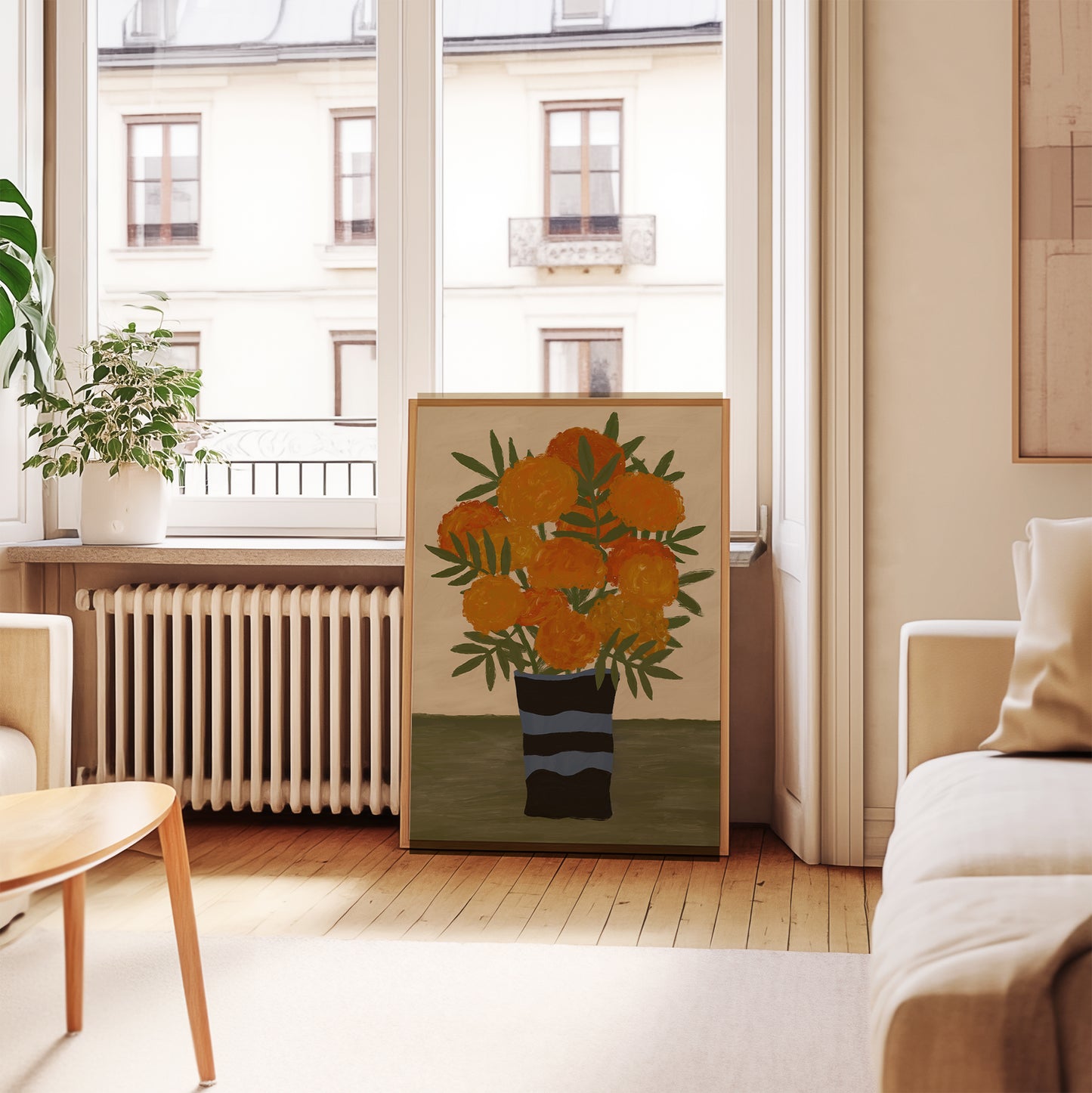 Orange marigold bouquet wall art print in striped vase, botanical poster styled in modern living room interior.