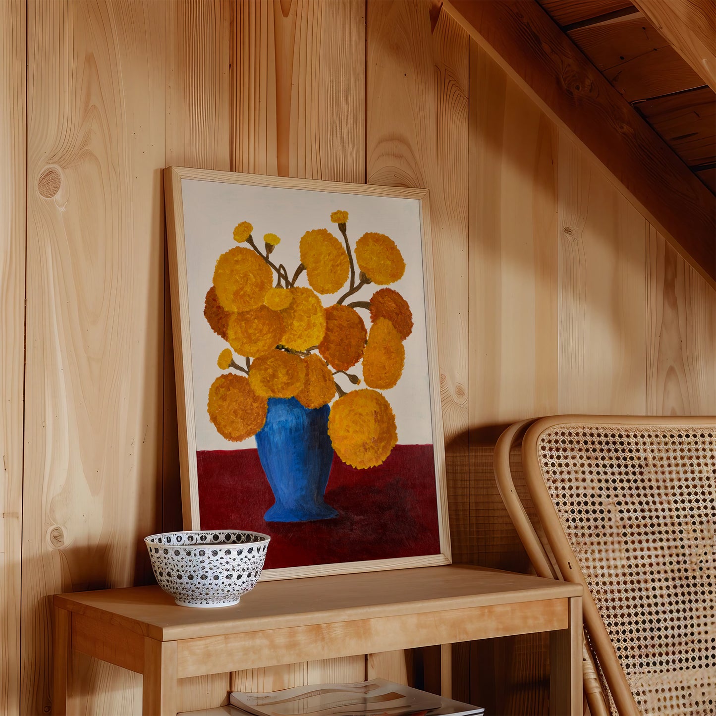 Marigolds in Blue Vase