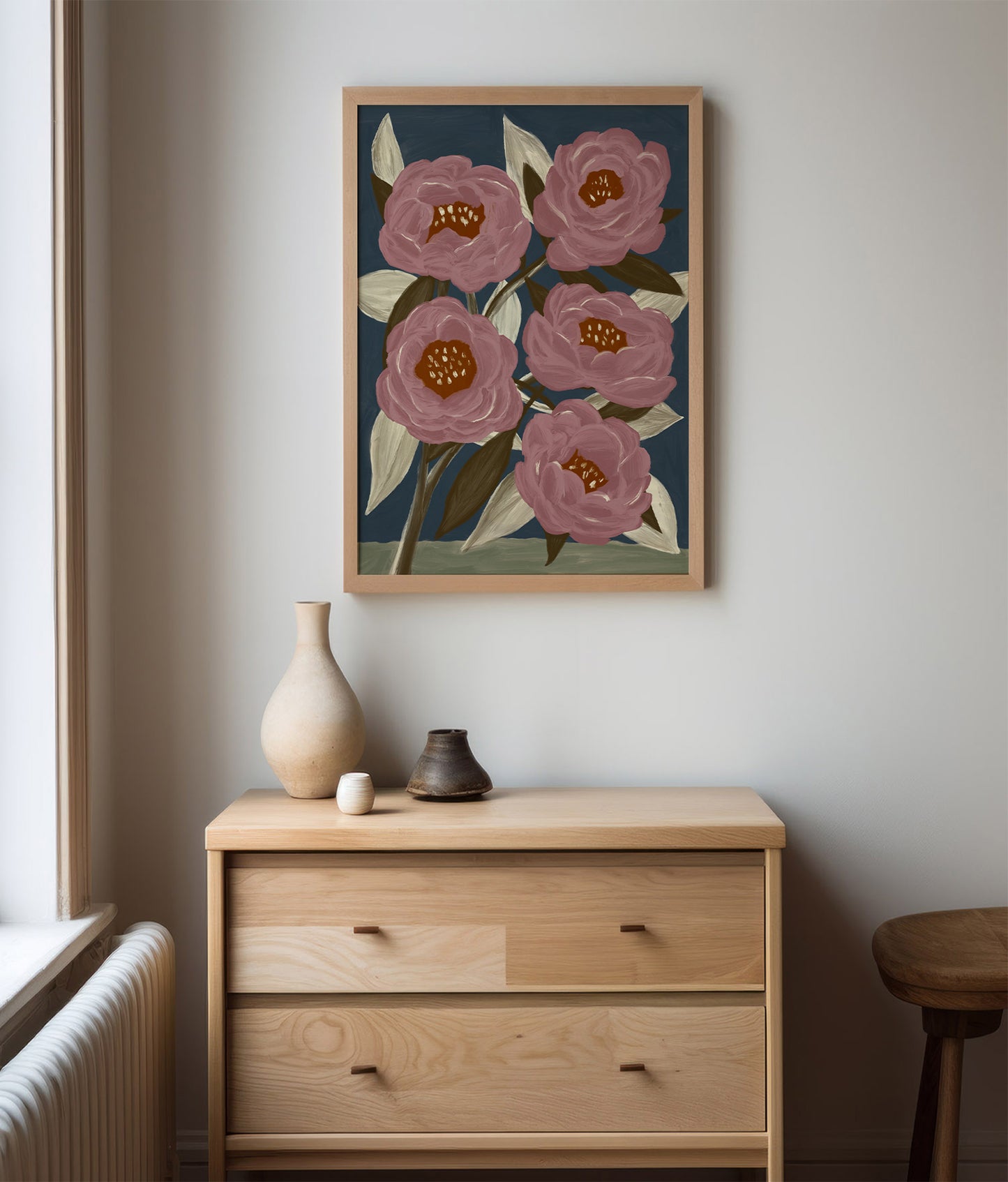 Modern floral art print featuring pink flowers on a dark blue background, botanical poster for bedroom, hallway, or living space.