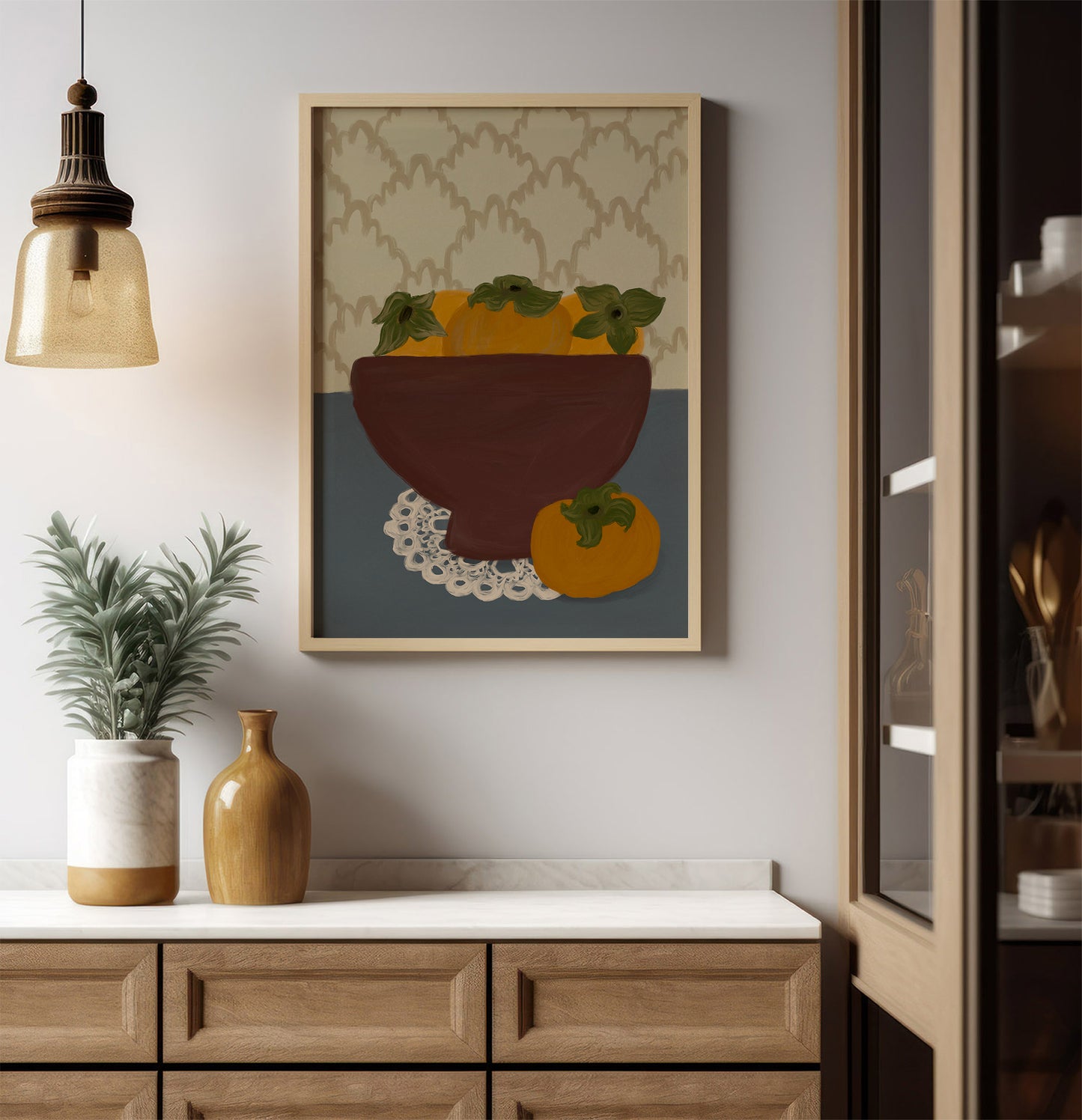 Contemporary persimmon fruit art print in wooden frame, botanical and food wall art for modern living room or dining décor.
