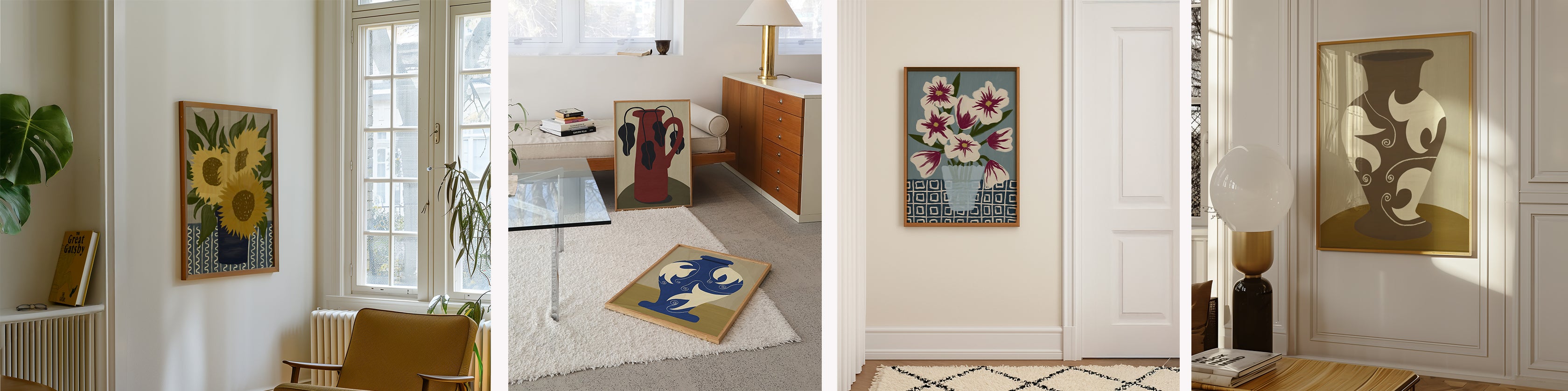 Collage of four interior design images with artworks on walls.