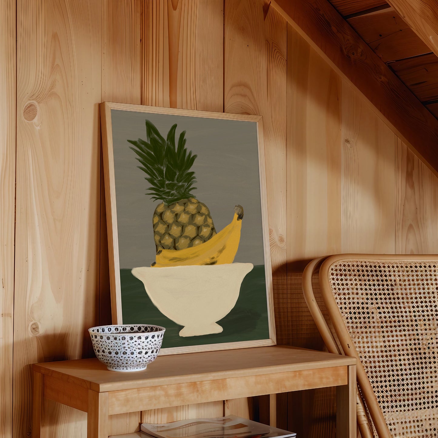 Rustic style fruit wall art print showing pineapple and banana, modern poster with still life design, perfect for kitchen or country home decor.