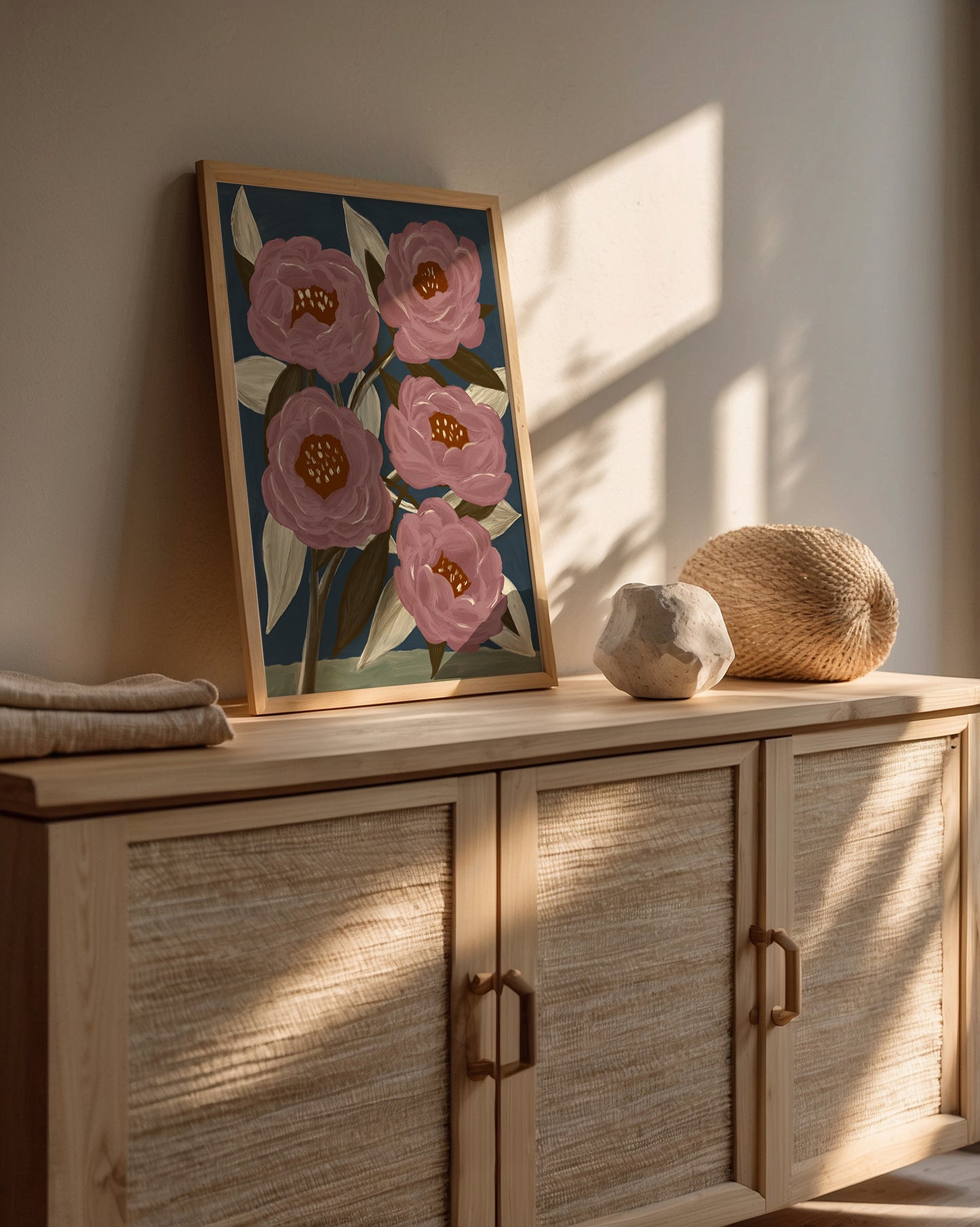 Contemporary flower painting poster with pink peonies, botanical wall art print for modern interiors, perfect for bright and cozy decor.