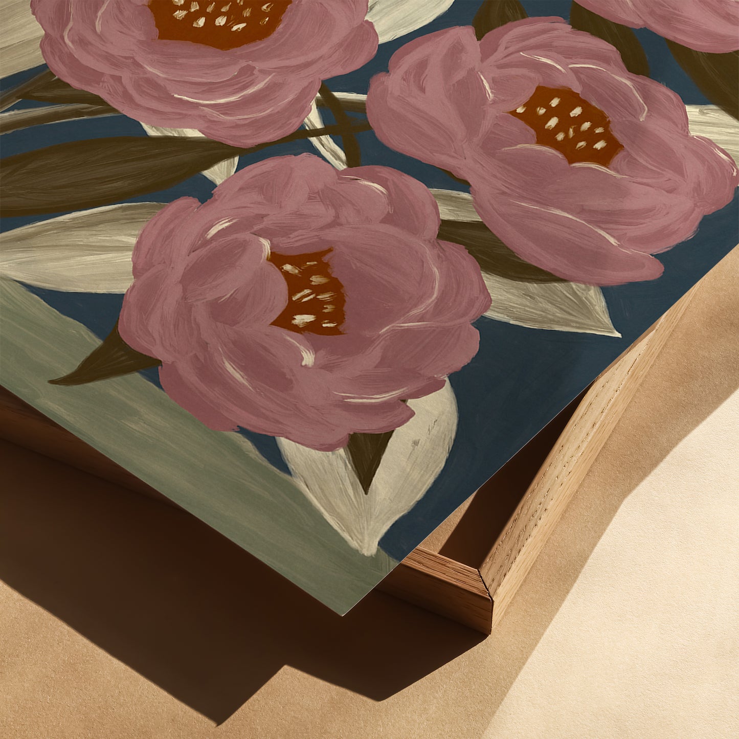 Detail of pink floral painting print on fine art paper, digital botanical artwork with bold brush strokes, modern flower wall art poster.