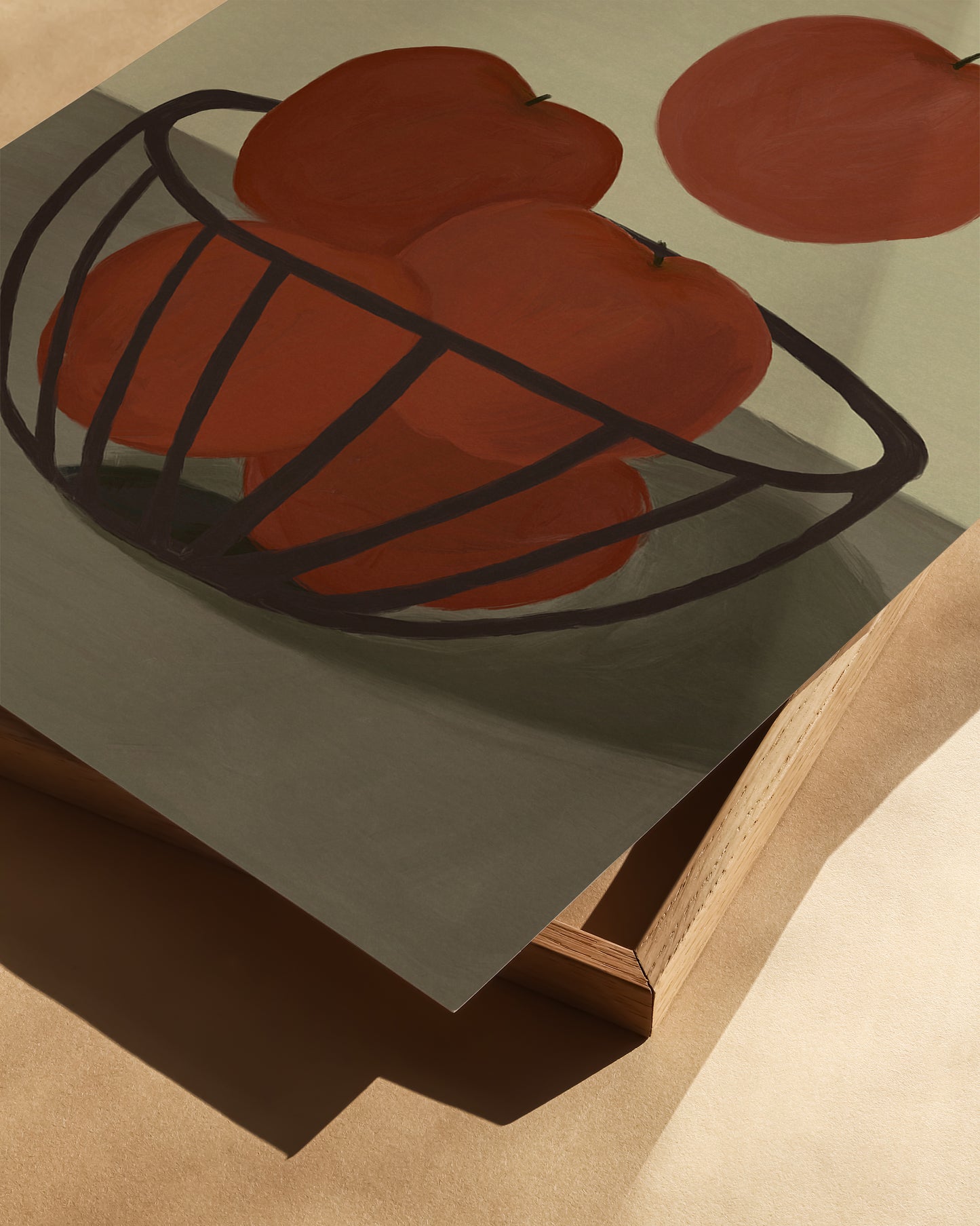 Close-up detail of red apples art print with bold fruit illustration, contemporary still life poster for home décor.