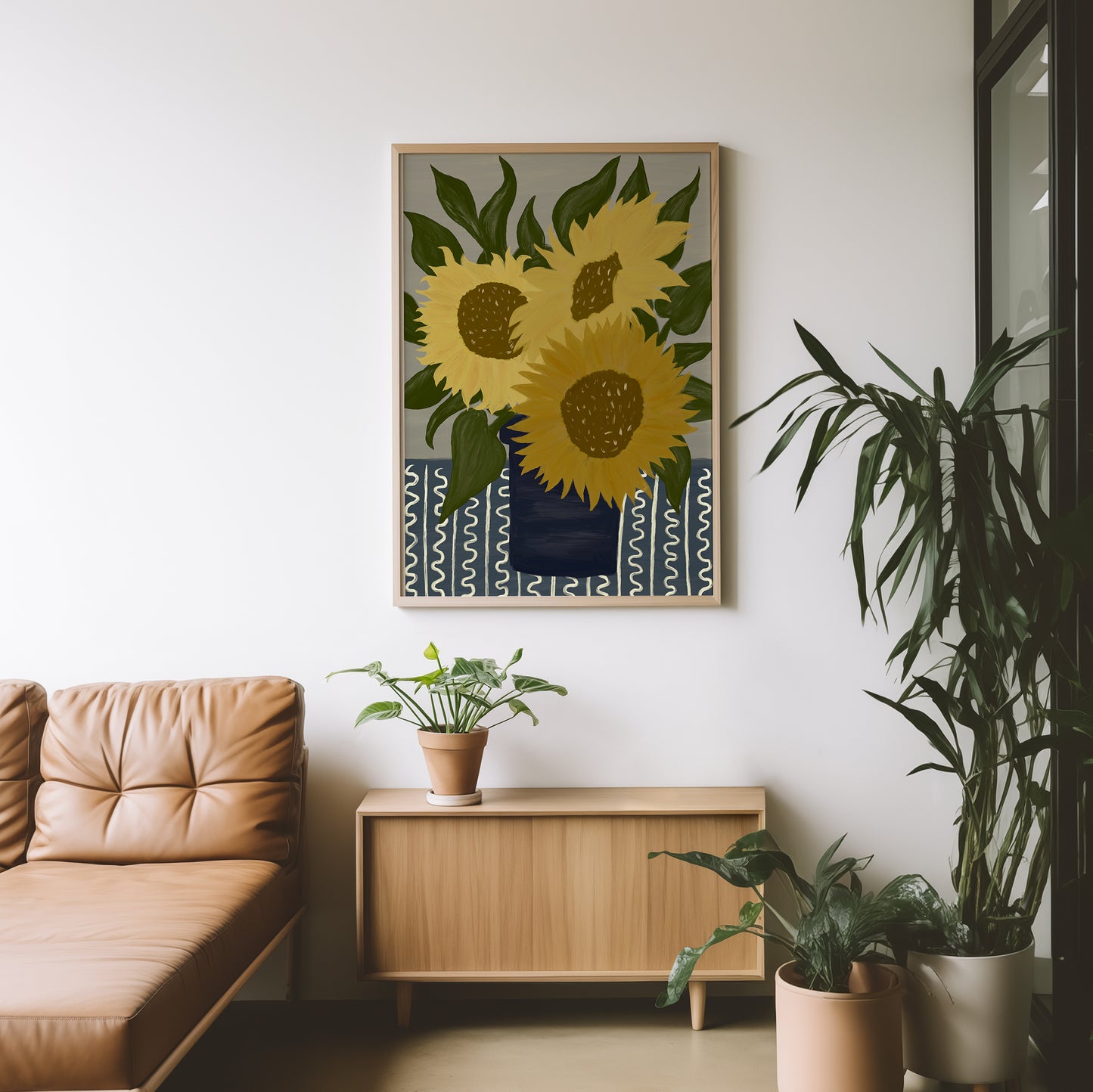 Large sunflower painting wall art framed in wood, vibrant botanical poster for bright living room or modern home interior decor.