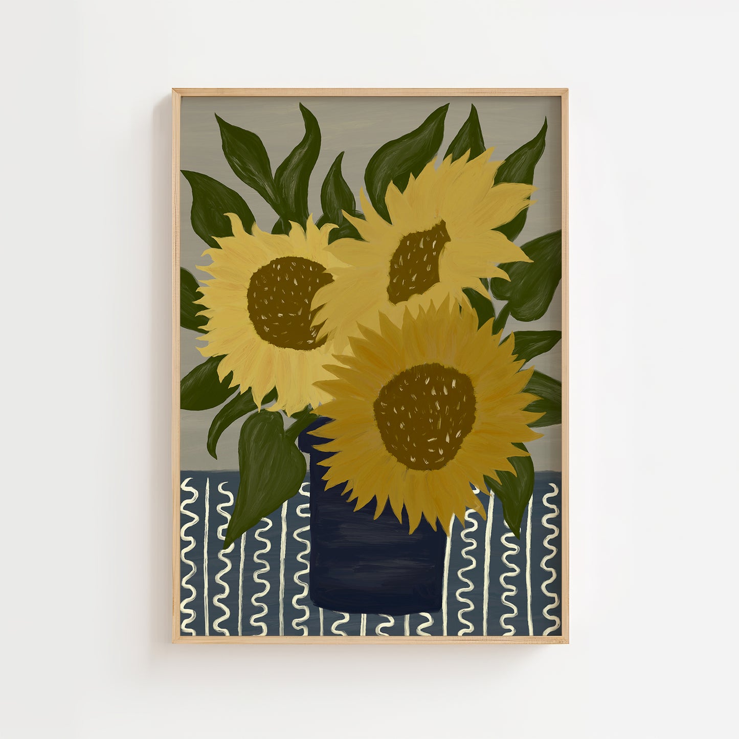 Sunflower wall art painting with bold yellow flowers in a blue vase, modern botanical art print poster for kitchen, dining room, or living space decor.