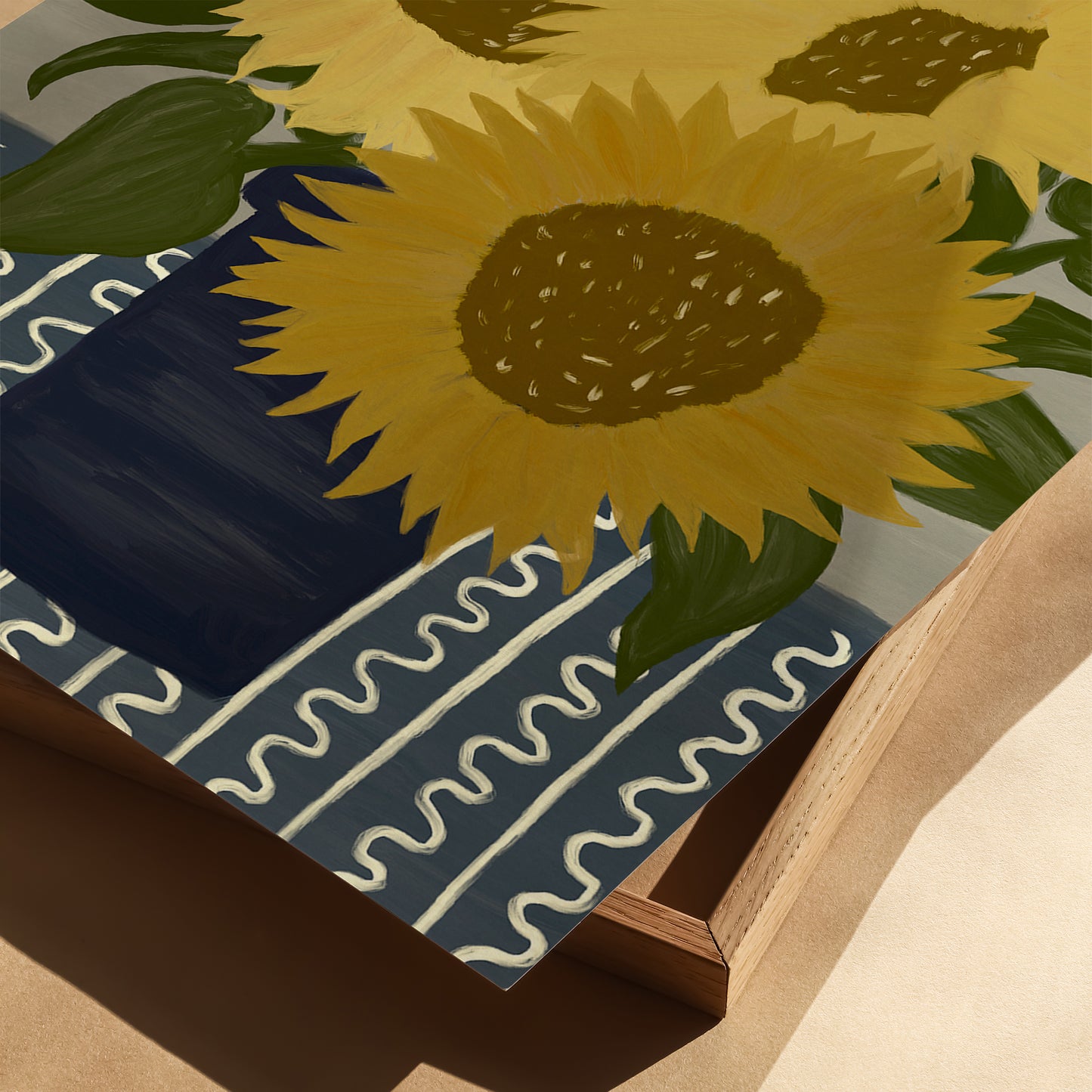 Detail of sunflower painting print on textured paper, floral artwork with golden yellow petals and dark centers, fine art poster.