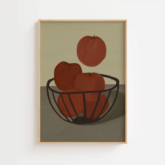Red apples still life wall art print with minimalist fruit illustration in wire basket, modern kitchen art poster.