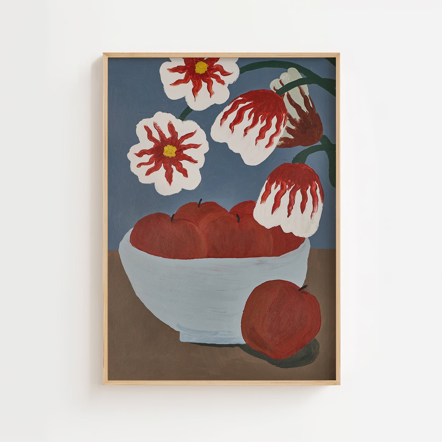Red apples and flowers acrylic painting art print – modern still life wall art reproduction featuring a bowl of peaches and red blooms on a muted blue background, perfect for kitchen or dining room decor.