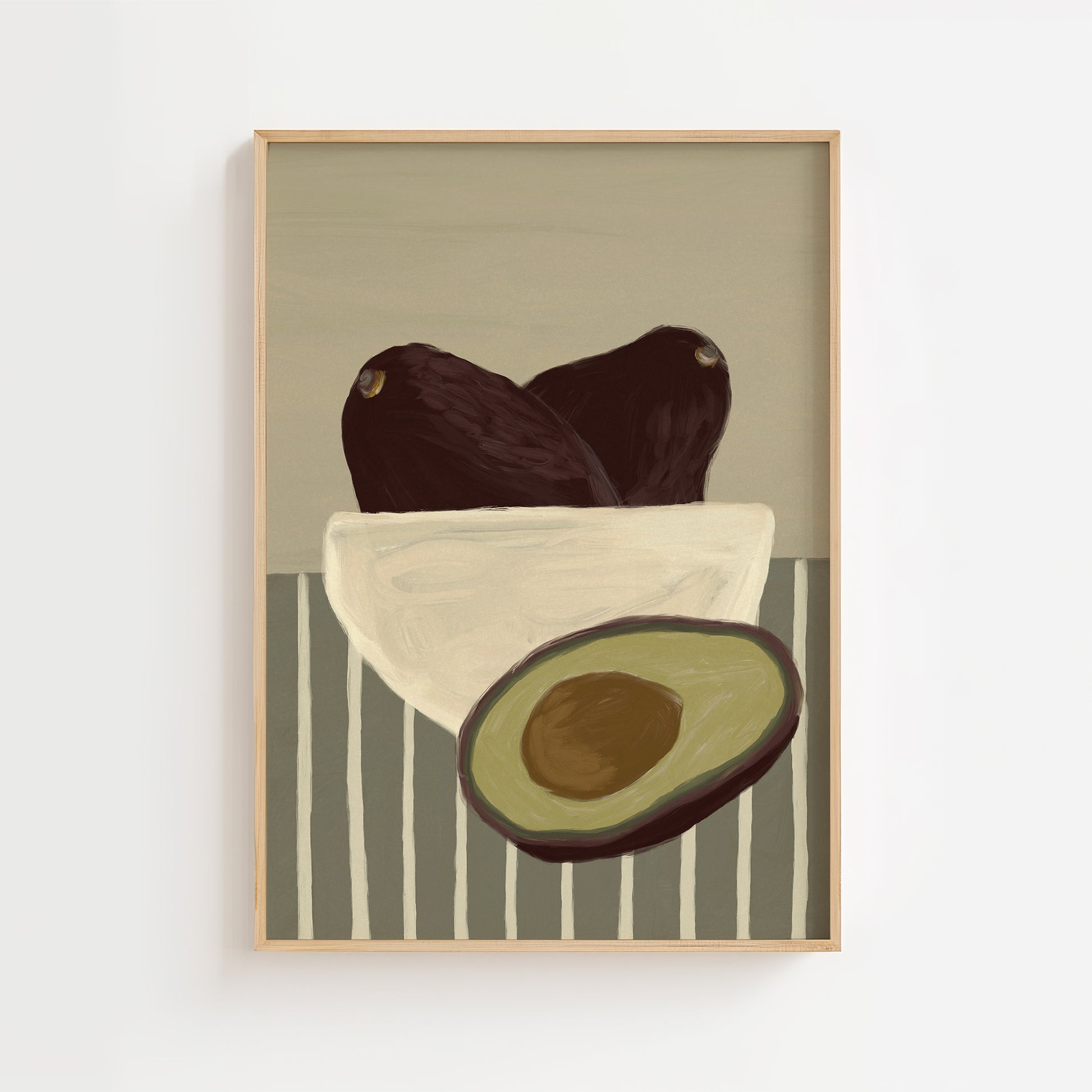 Avocado still life wall art print with striped tablecloth, modern fruit poster for kitchen and dining room décor.