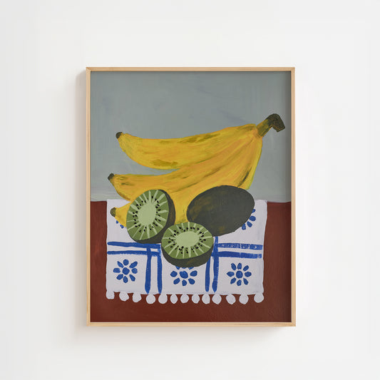 Bananas and kiwis acrylic painting art print – modern still life wall art reproduction featuring yellow bananas and green kiwis on a patterned blue cloth, ideal for kitchen or dining room decor.