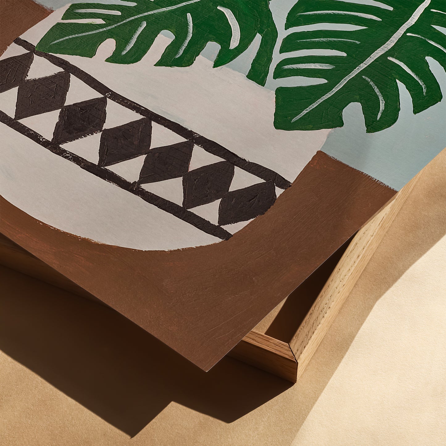 Close-up of monstera acrylic painting art print showing textured paper and geometric vase detail – modern botanical wall art reproduction with natural earthy colors.