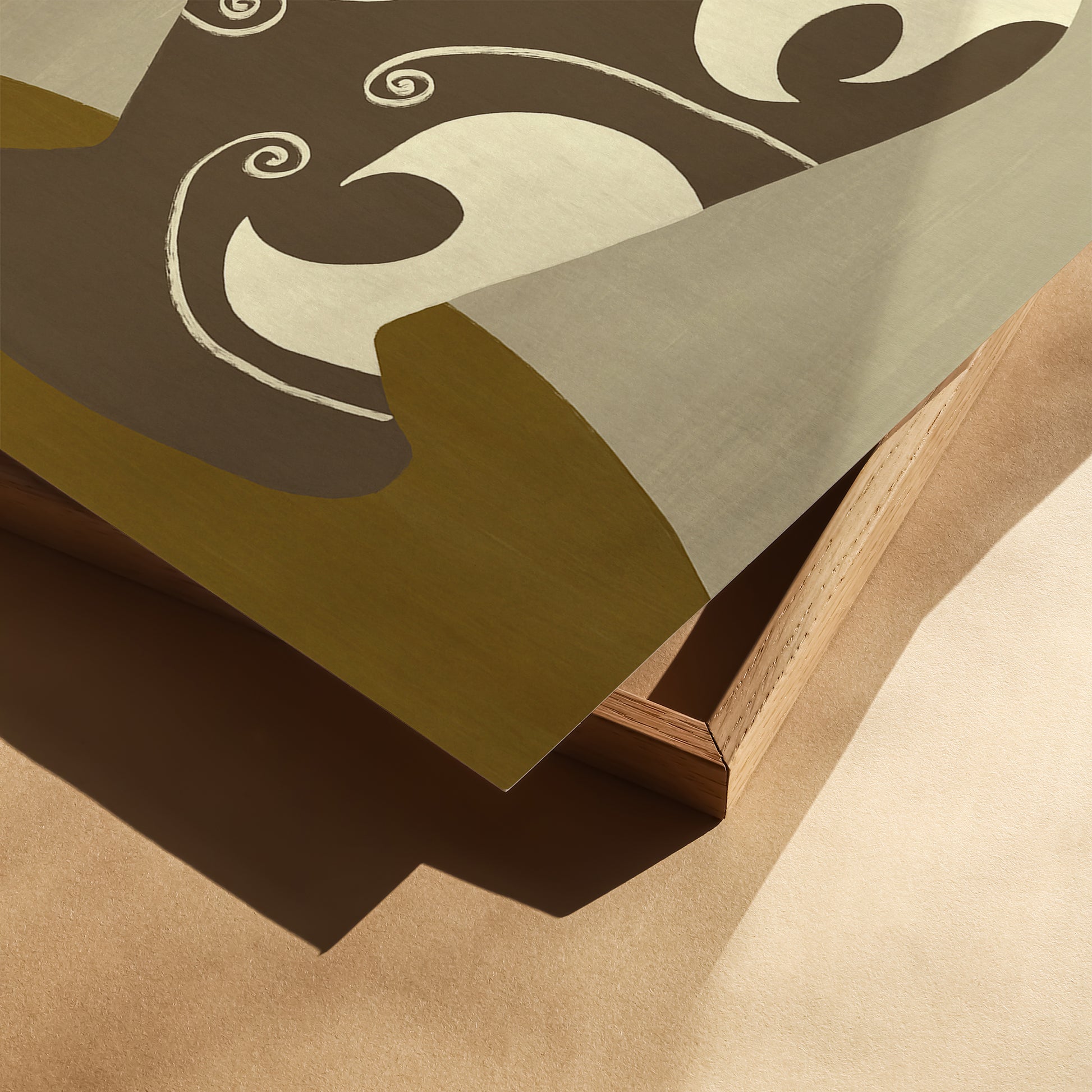 Close-up detail of vase painting print, abstract brown and cream design on fine art paper, artwork poster with modern minimalist style.