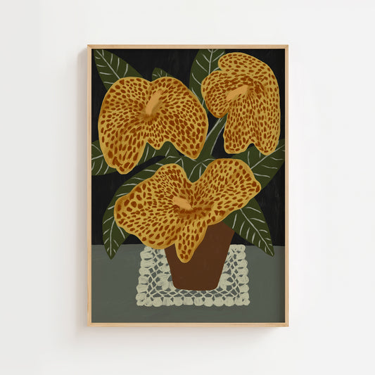 Illustration of golden yellow Canna Lily flowers (Canna Picasso) in a brown pot with green leaves, displayed on a lace doily. Botanical wall art print, perfect for floral home décor.