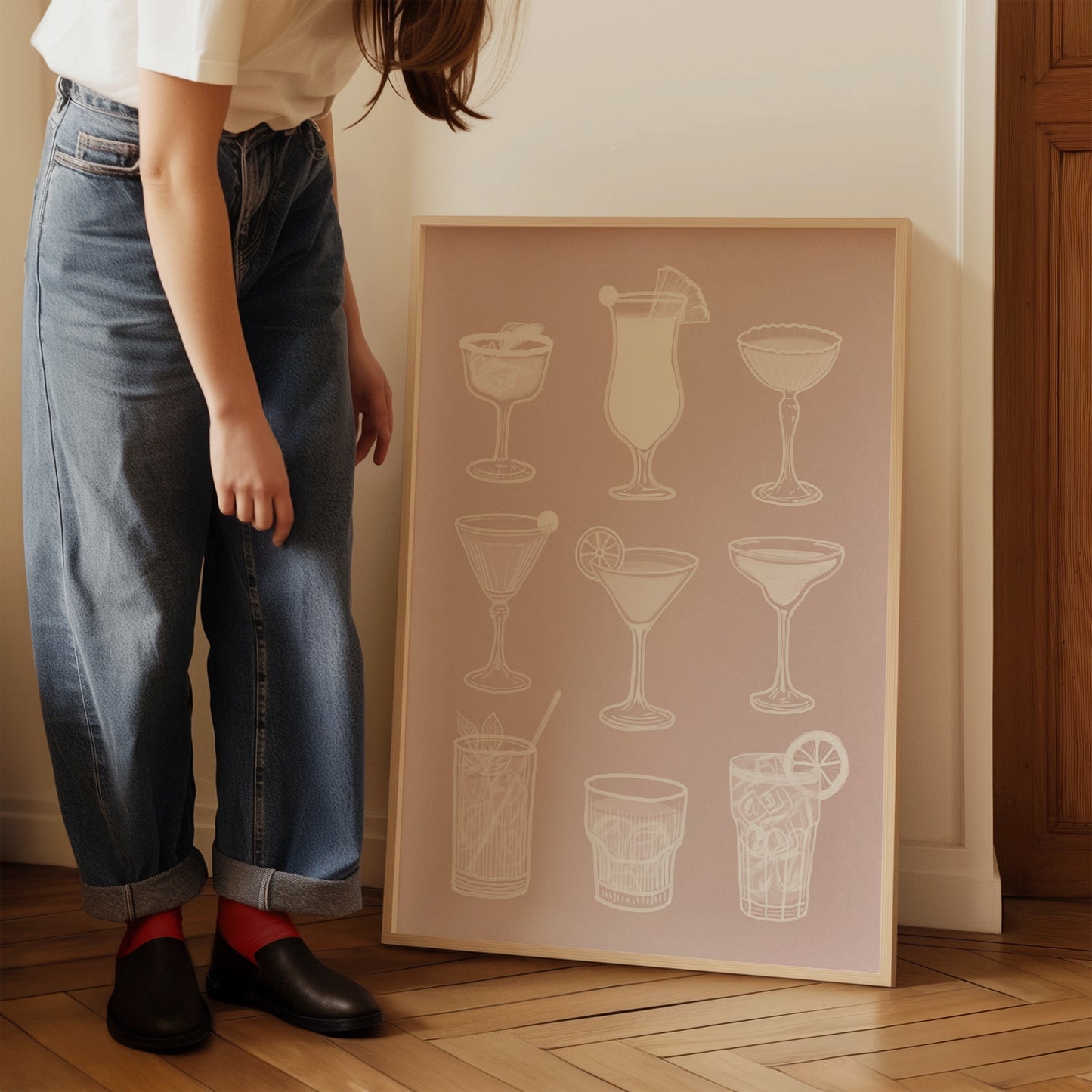 Framed cocktail glasses pink art print, modern drink illustration poster for bar décor or contemporary kitchen walls.