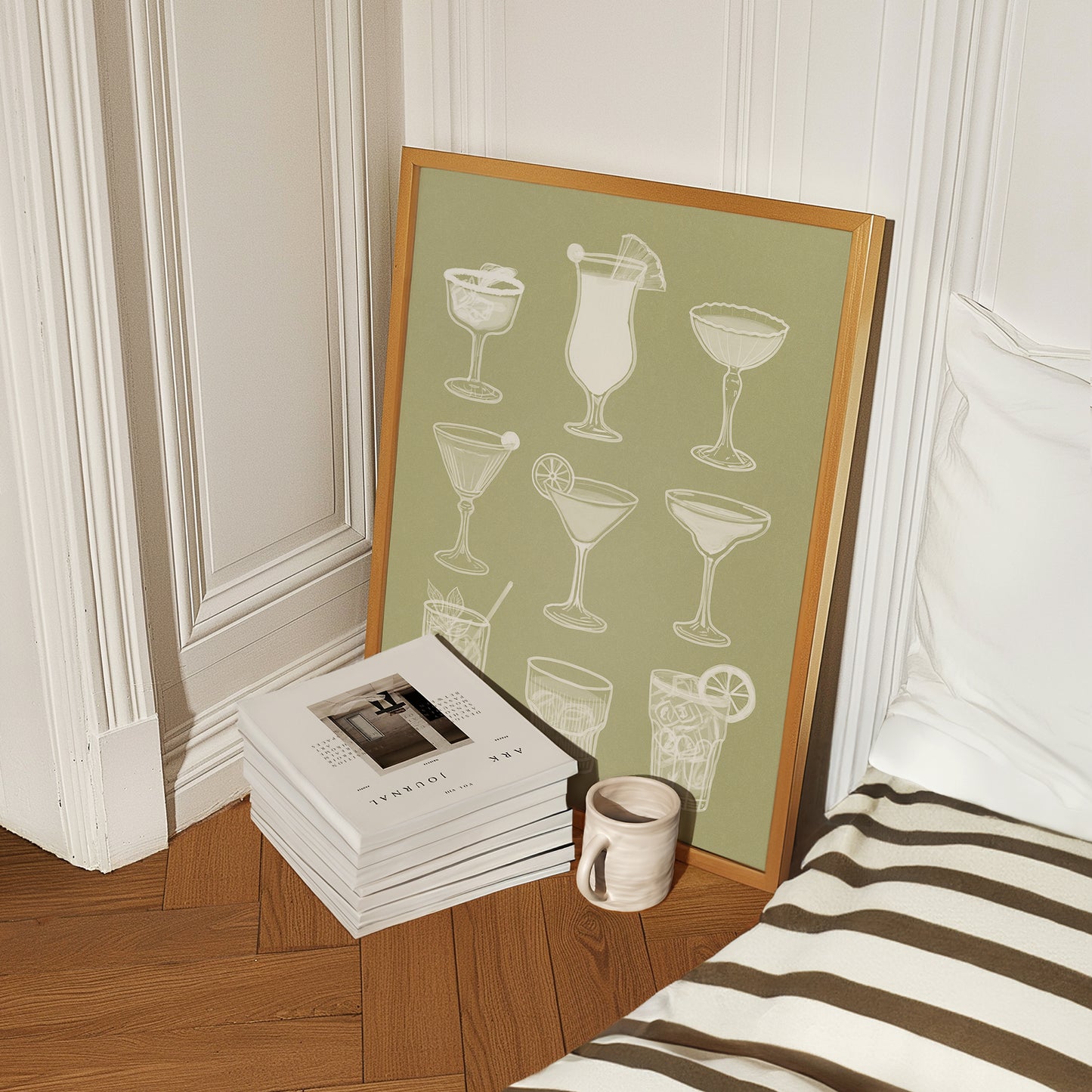 Cocktail glasses art print framed in wood, modern drinks poster styled as kitchen or bar wall art decor.