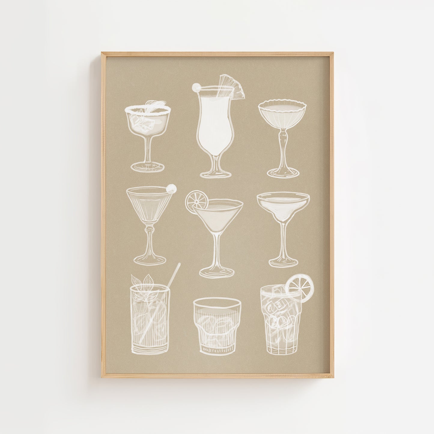 Minimalist cocktail glasses wall art print with white drink illustrations on beige background, stylish bar poster décor.