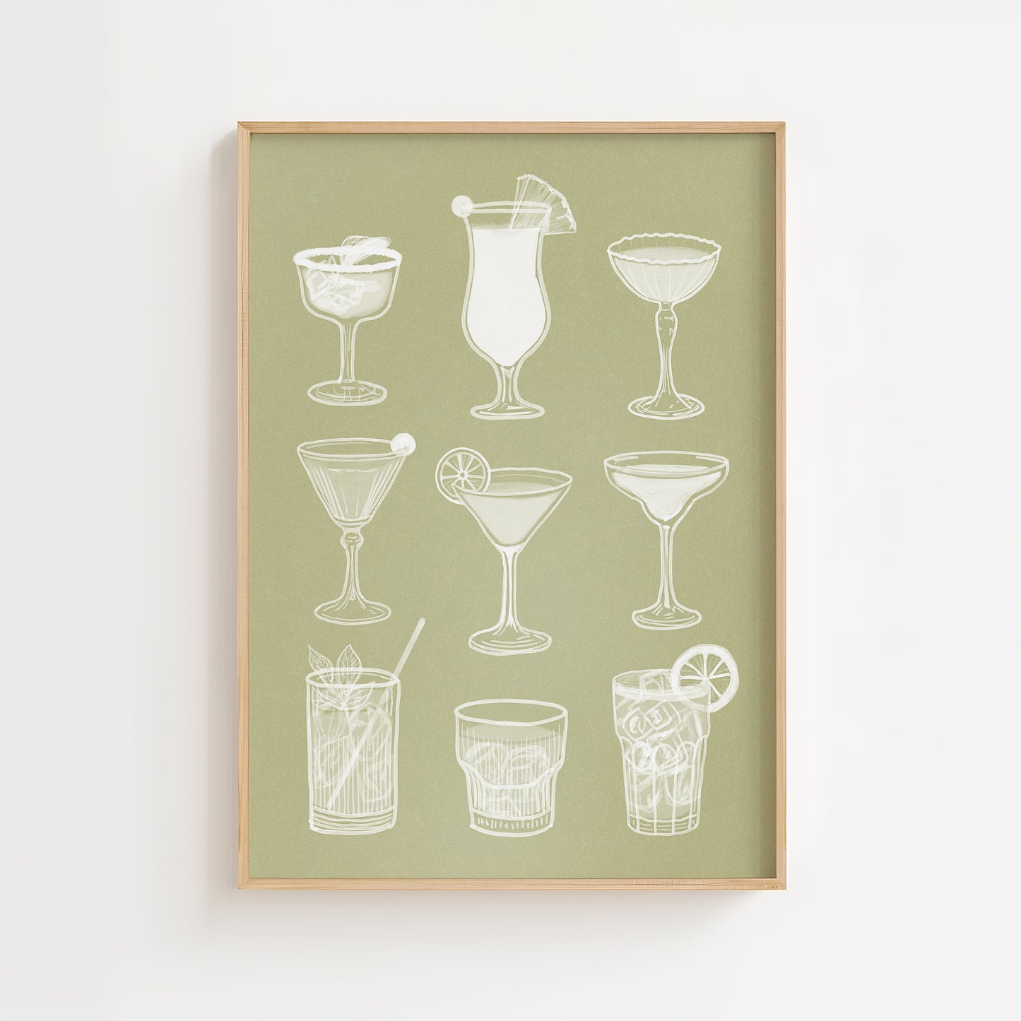 Cocktail glasses wall art print with minimalist white drink illustrations on green background, modern bar decor poster.