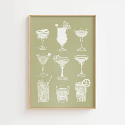 Cocktail glasses wall art print with minimalist white drink illustrations on green background, modern bar decor poster.