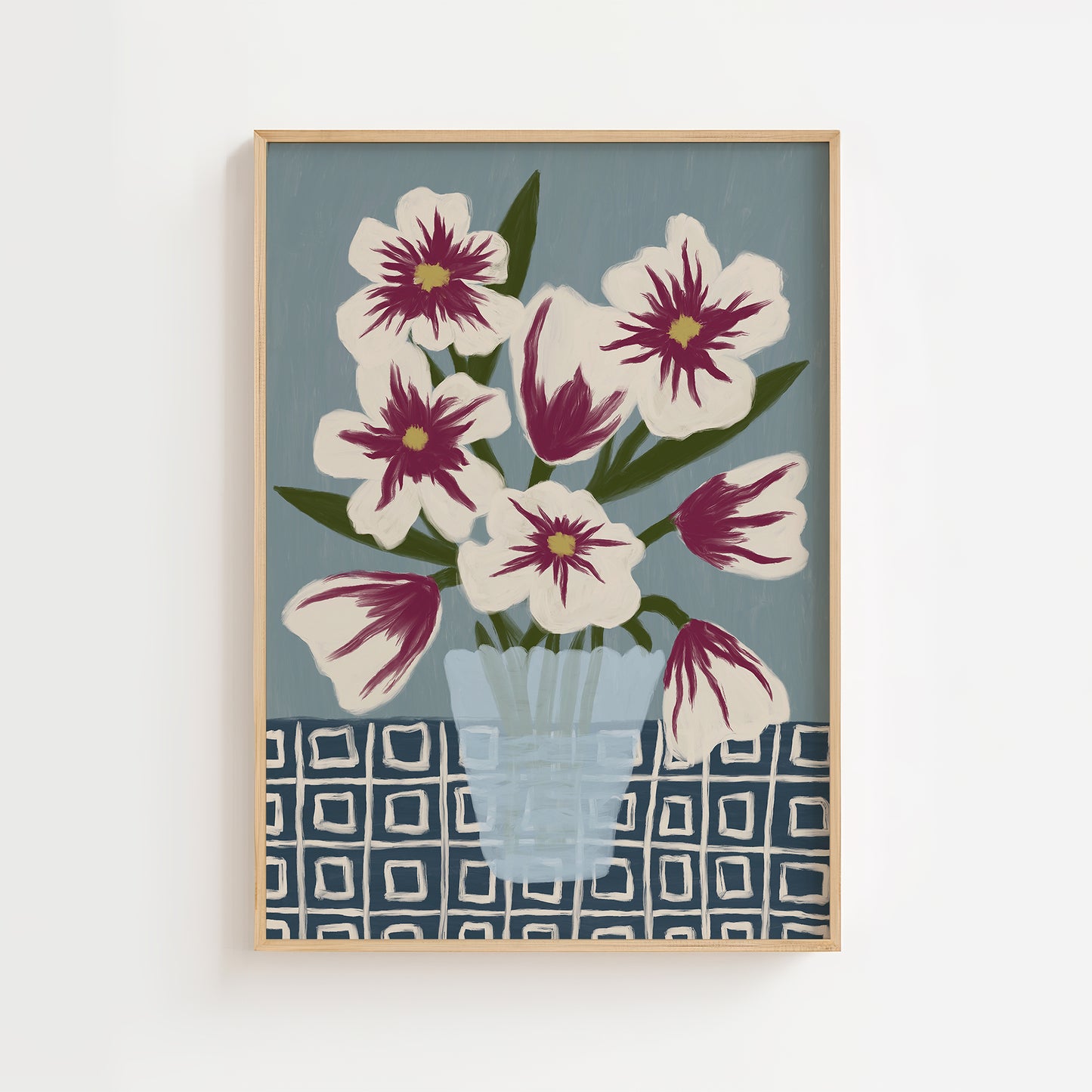 Floral wall art painting with burgundy and white flowers in a blue vase, modern botanical art print poster for living room, bedroom, or hallway decor.