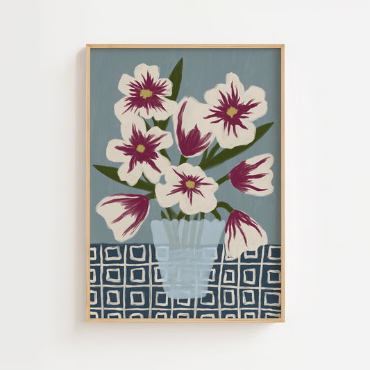 Floral wall art painting with burgundy and white flowers in a blue vase, modern botanical art print poster for living room, bedroom, or hallway decor.