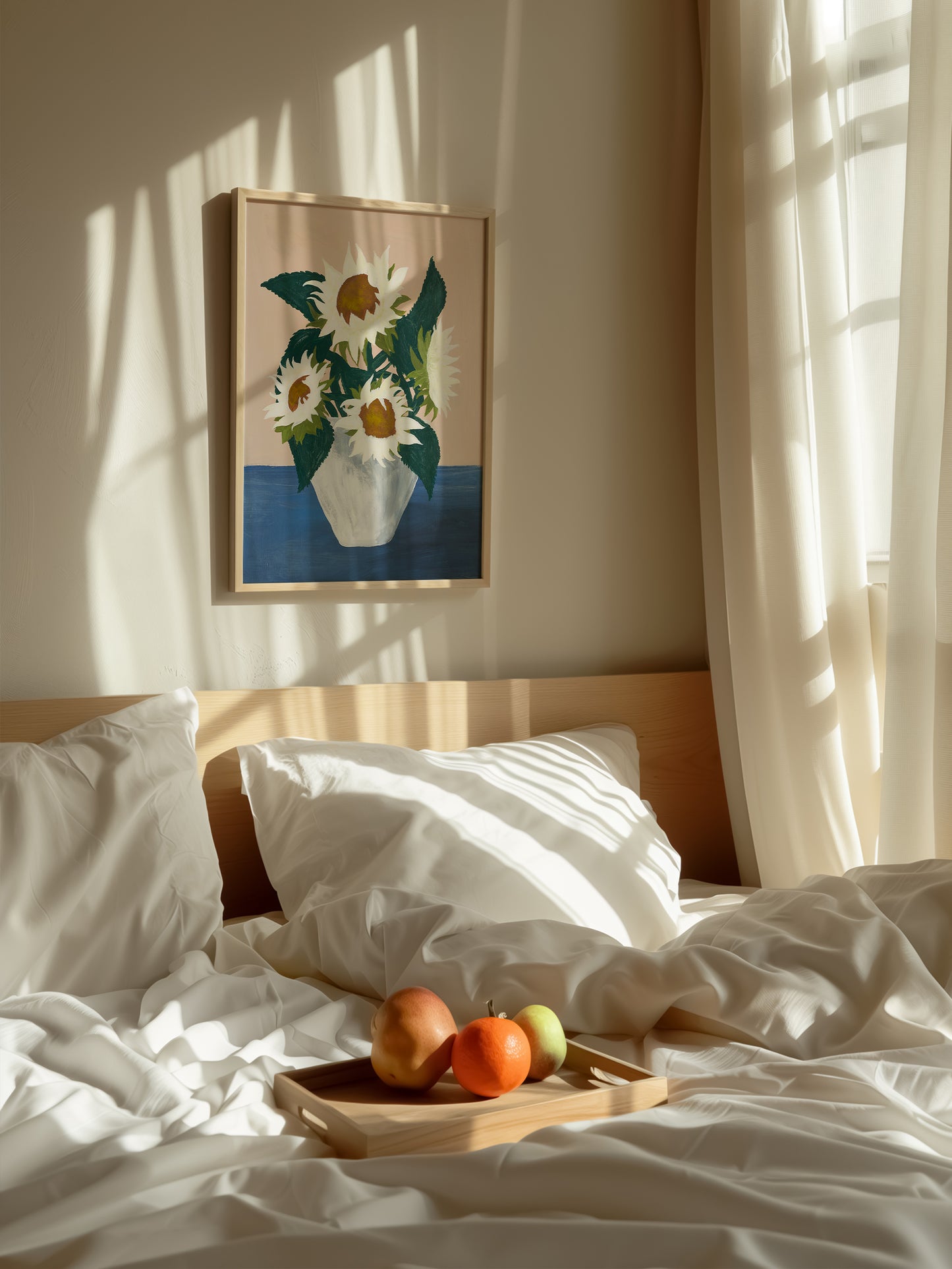 Sunflower still-life art print in a white vase on a blue surface displayed in a cozy bedroom. Floral wall art for boho or minimalist home decor.