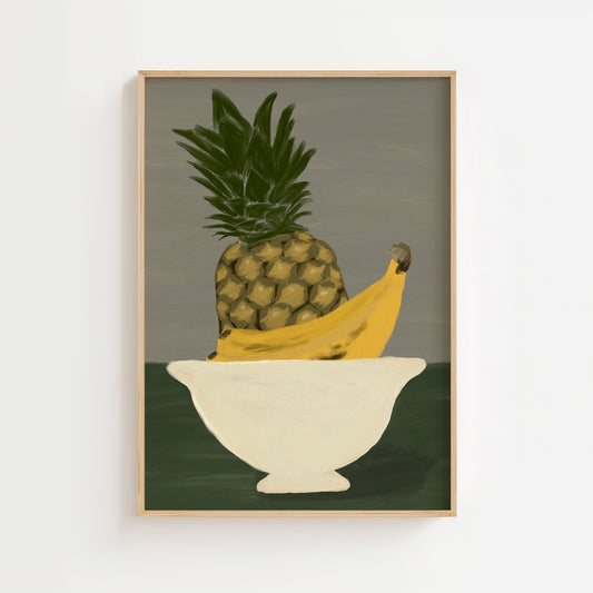 Modern fruit wall art print featuring a painted pineapple and banana in a white bowl, contemporary kitchen poster with bold still life design.