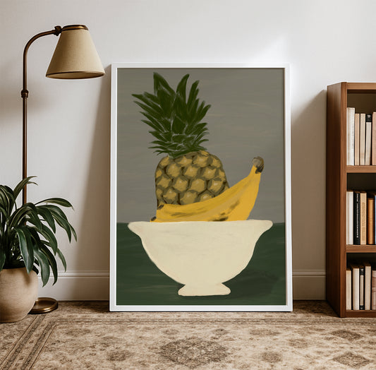 Still life fruit poster with pineapple and banana illustration, framed wall art print for kitchen, dining room, or living room modern decor.