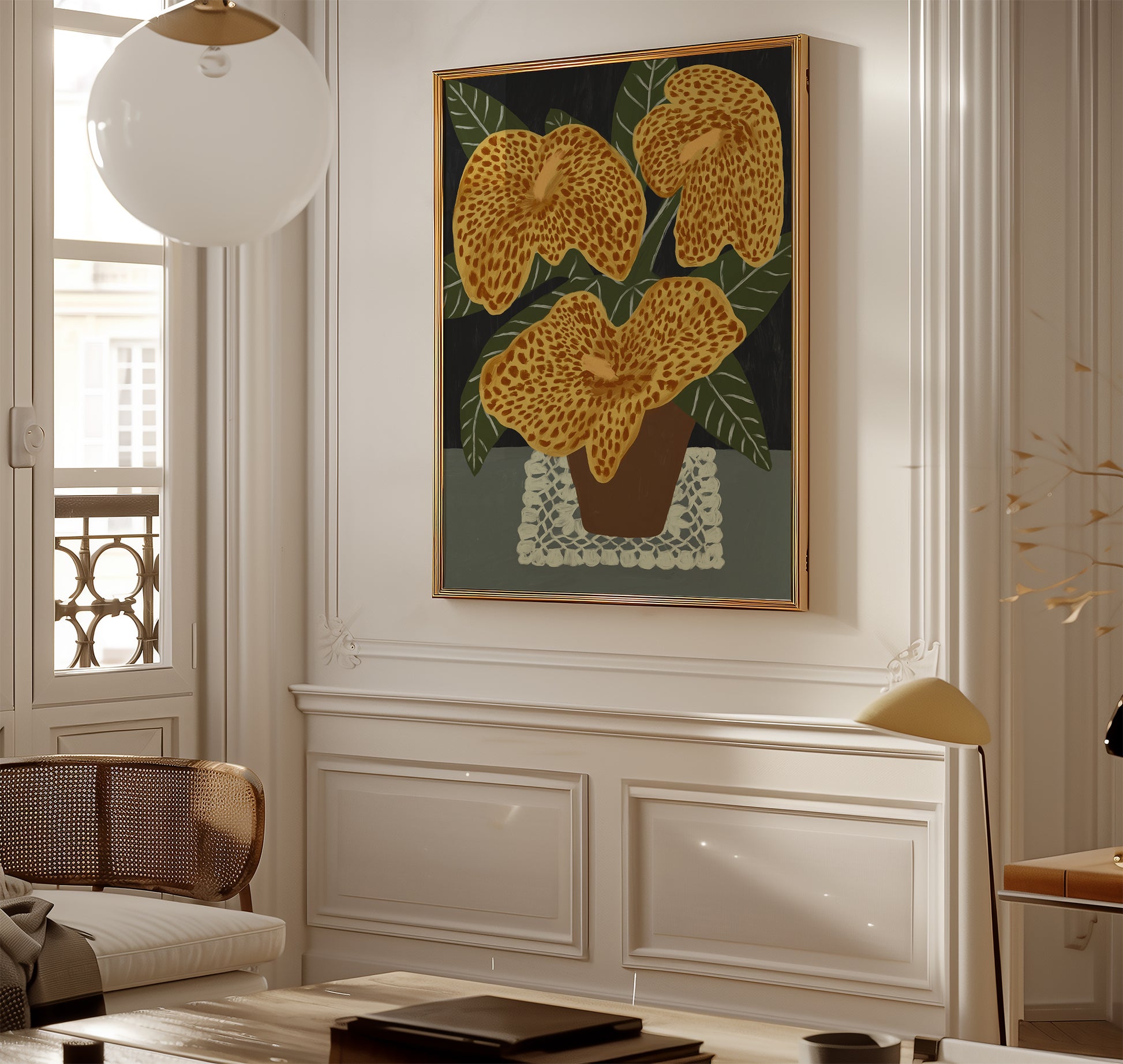 Golden lilies illustration art print displayed in a sunlit interior – modern floral wall art for living room or entryway decor.