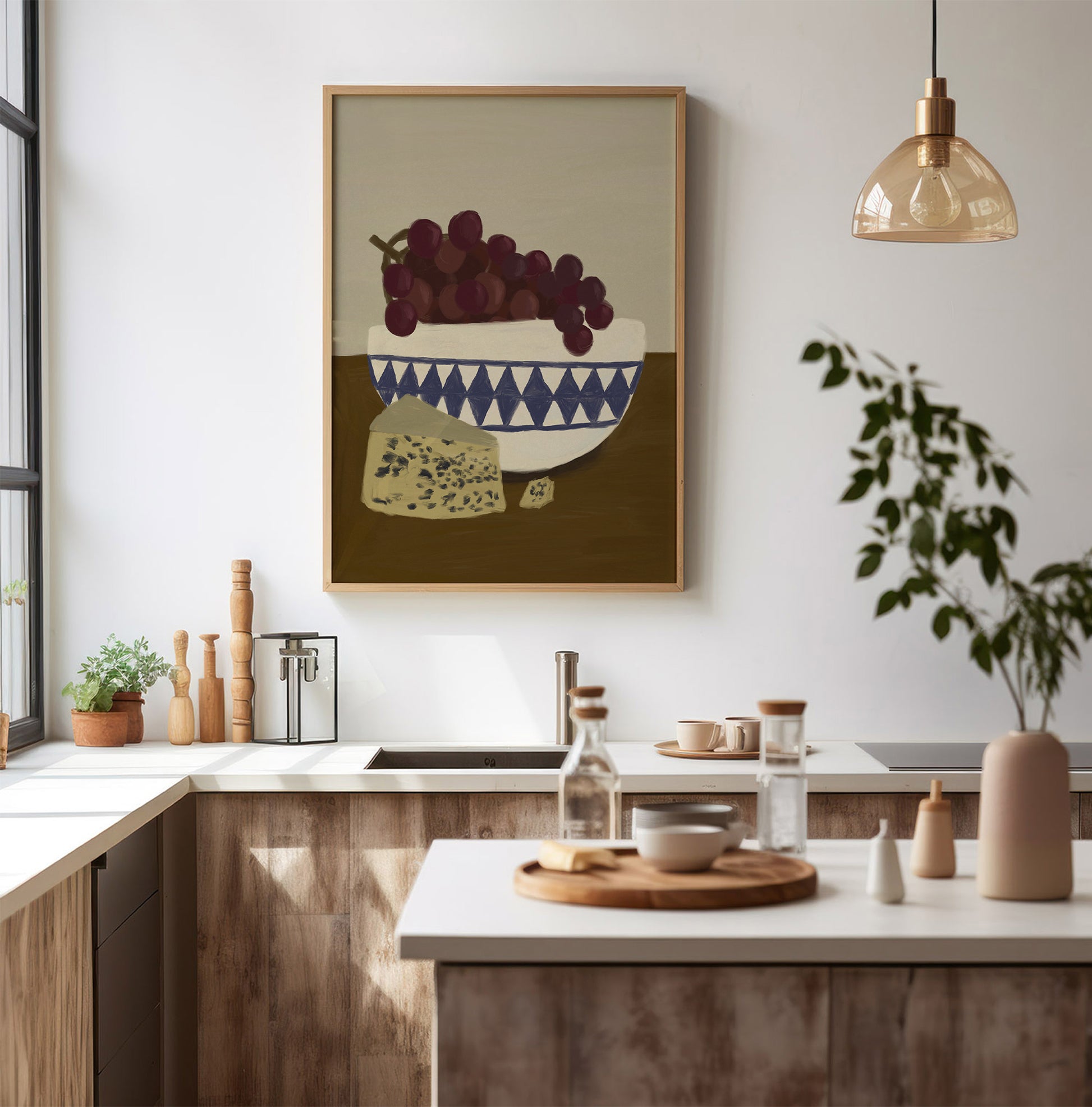 Contemporary still life wall art print with grapes and cheese, framed food poster styled as kitchen wall art décor.