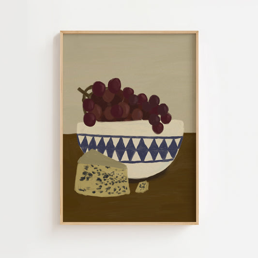 Grapes and cheese still life wall art print, modern food art poster with bold geometric bowl, perfect for kitchen or dining room décor.