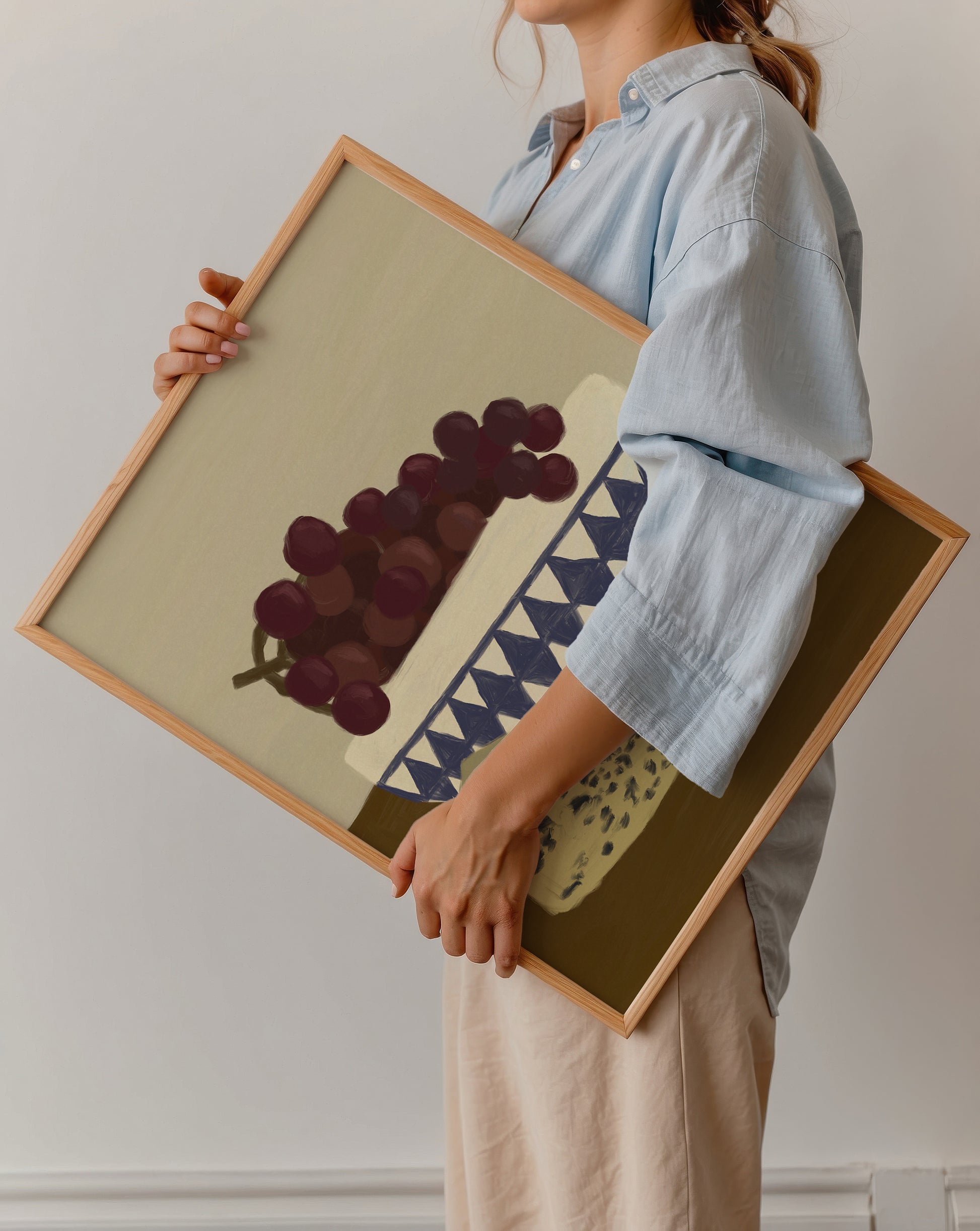 Grapes and cheese still life art print in wooden frame, modern food wall art poster, perfect gift for art and wine lovers.