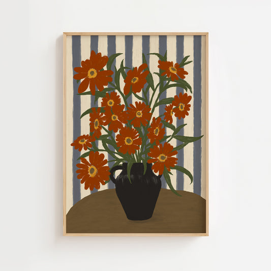 Orange flowers still life wall art print in black vase with striped background, modern floral poster for home décor.