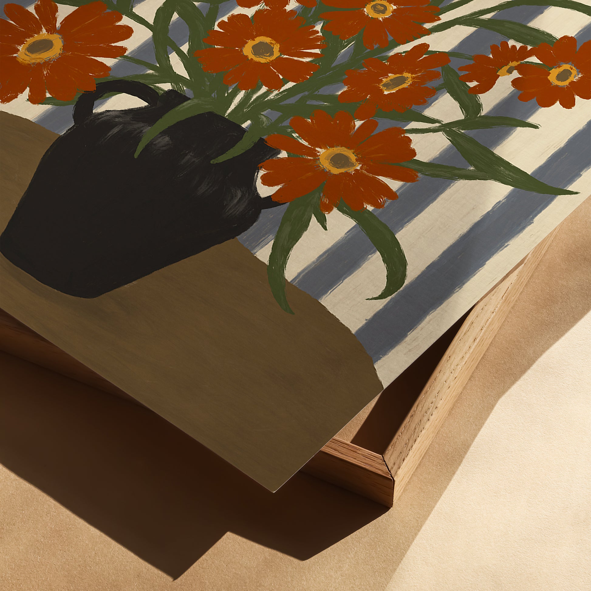 Close-up detail of orange flower bouquet art print, contemporary floral wall art poster with bold botanical illustration.