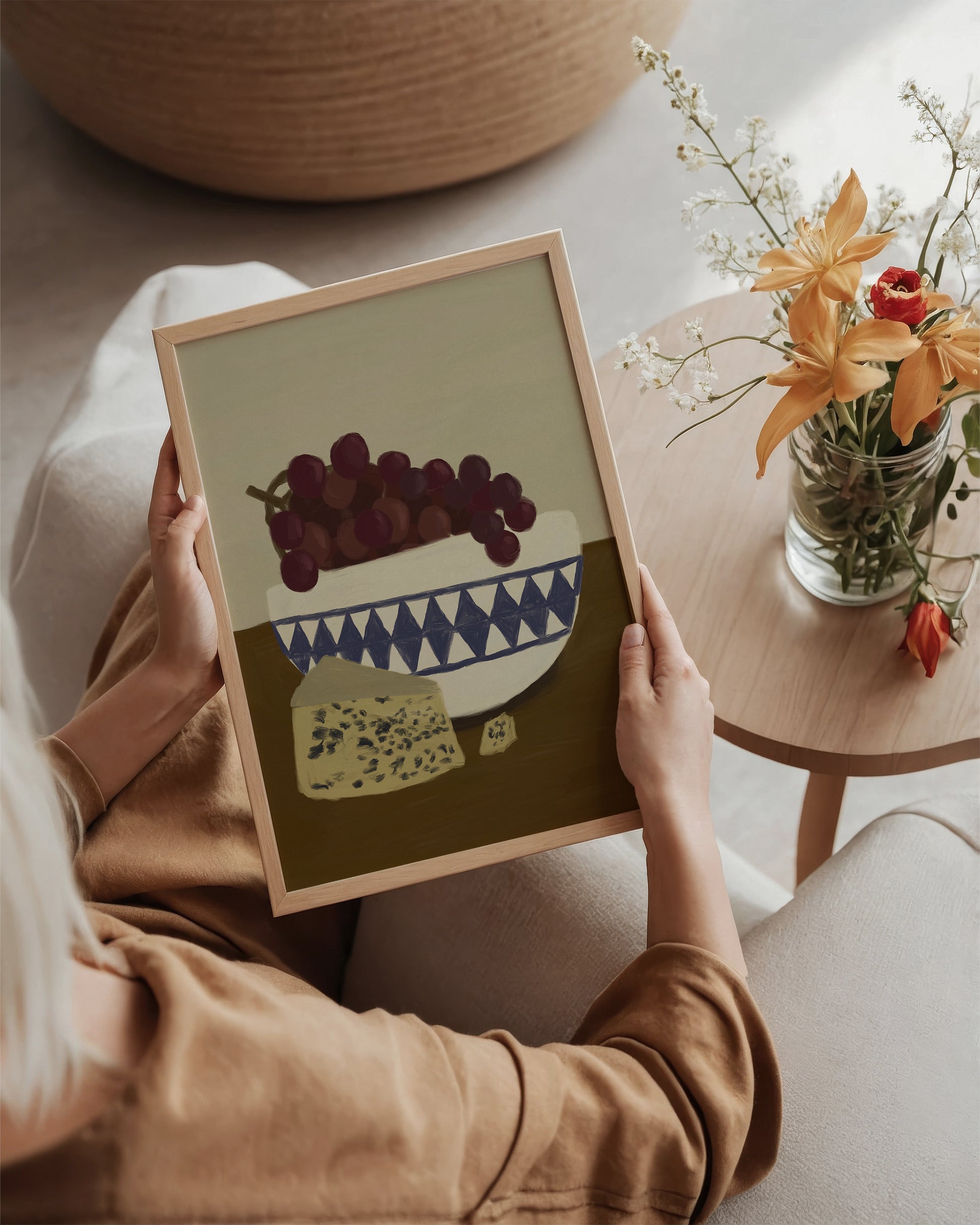 Modern grapes and cheese still life wall art print, food illustration poster held in wooden frame, ideal for kitchen or dining room décor.