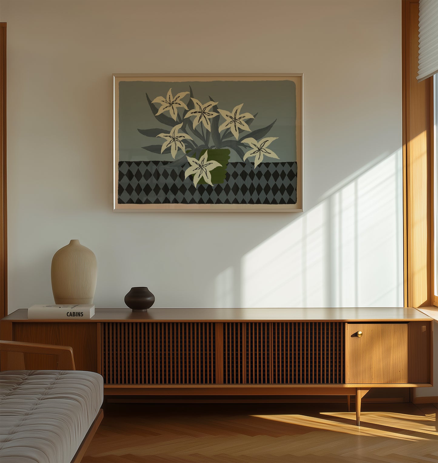 White lilies wall art print in wooden frame, modern botanical still life poster adding floral décor to living room walls.