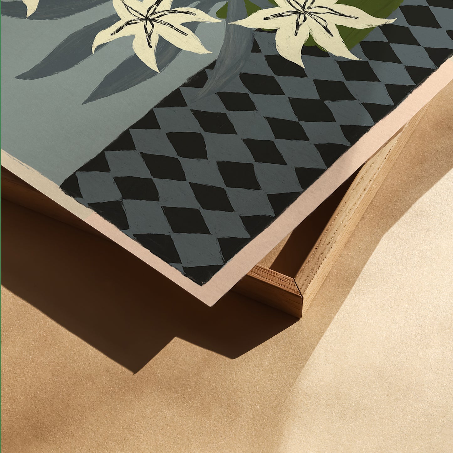 Detail of white lilies botanical art print with patterned table design, floral wall art poster on premium fine art paper.