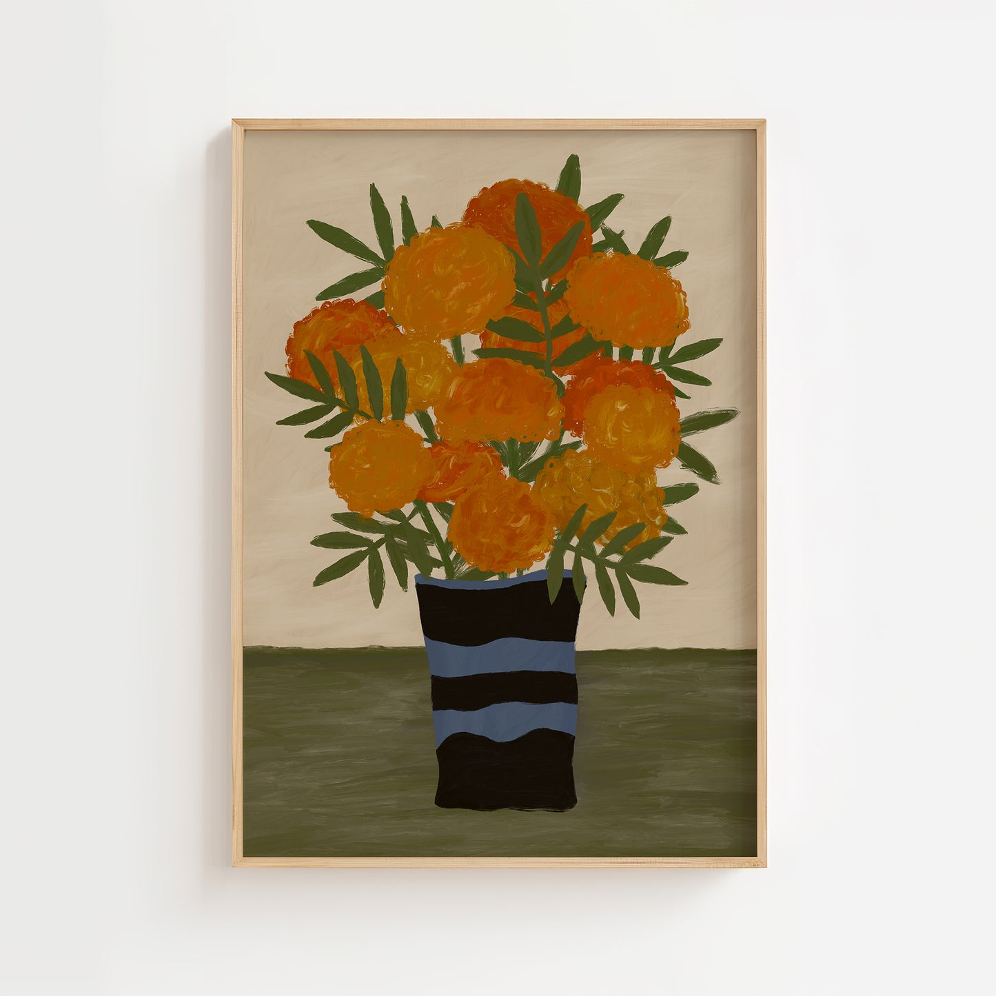 Orange marigold bouquet still life wall art print in striped vase, bold floral poster for modern home décor.