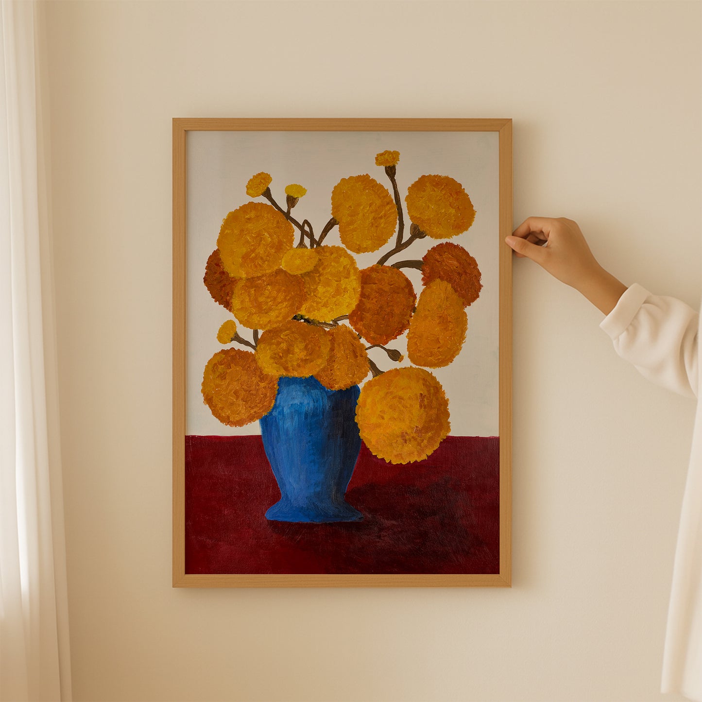 Marigolds in Blue Vase