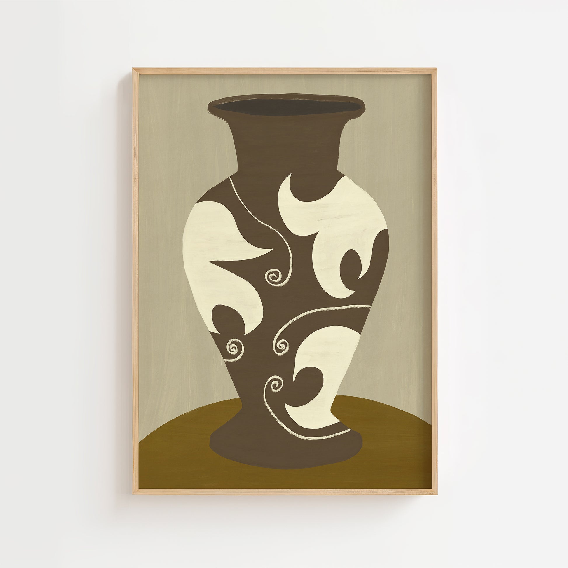 Modern vase painting print featuring abstract brown and cream patterns, minimalist wall art poster for living room or dining room contemporary decor.