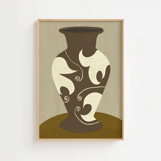 Modern vase painting print featuring abstract brown and cream patterns, minimalist wall art poster for living room or dining room contemporary decor.