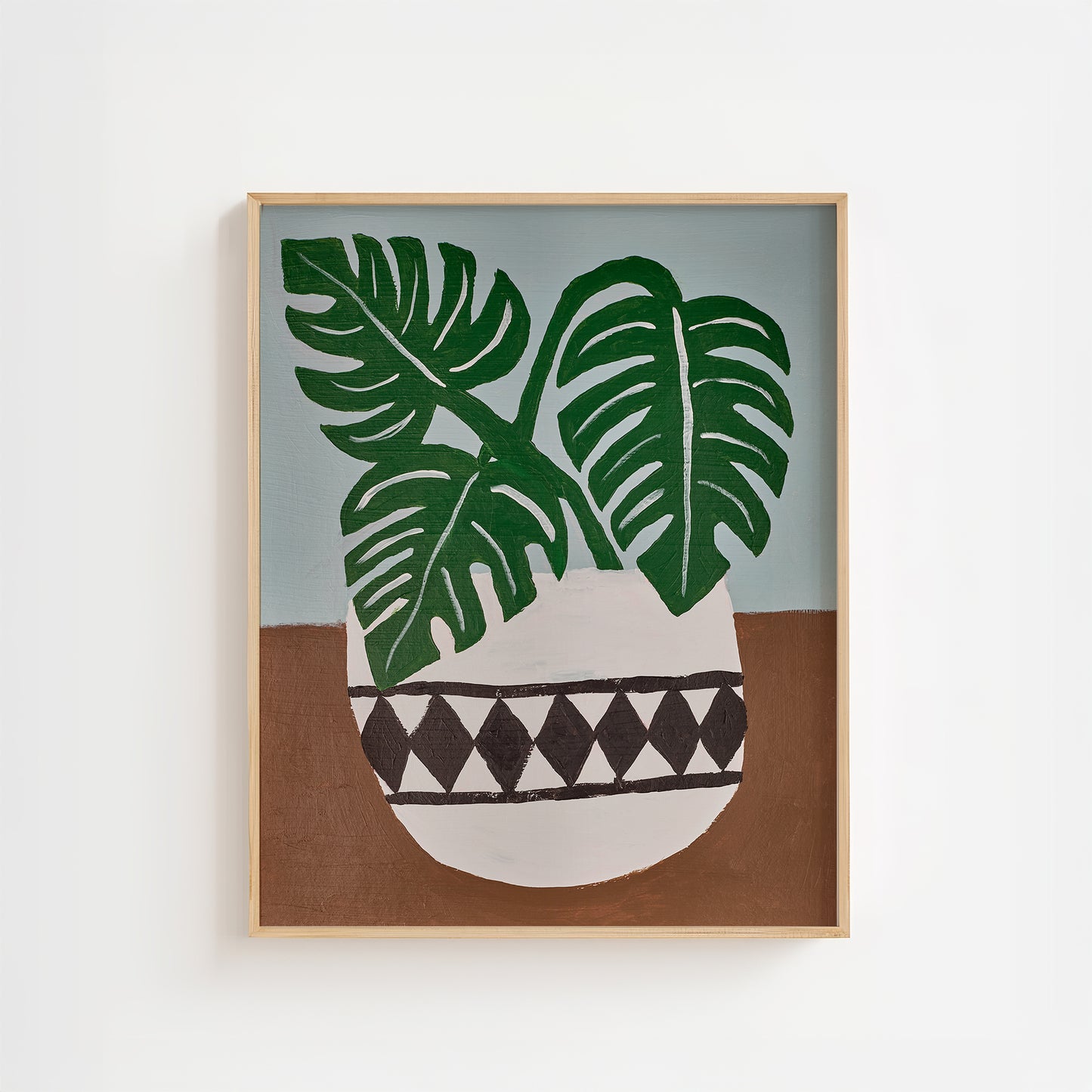 Monstera plant acrylic painting wall art in geometric vase – botanical art print inspired by an original painting, featuring green leaves and warm earthy tones for modern and mid-century home decor.