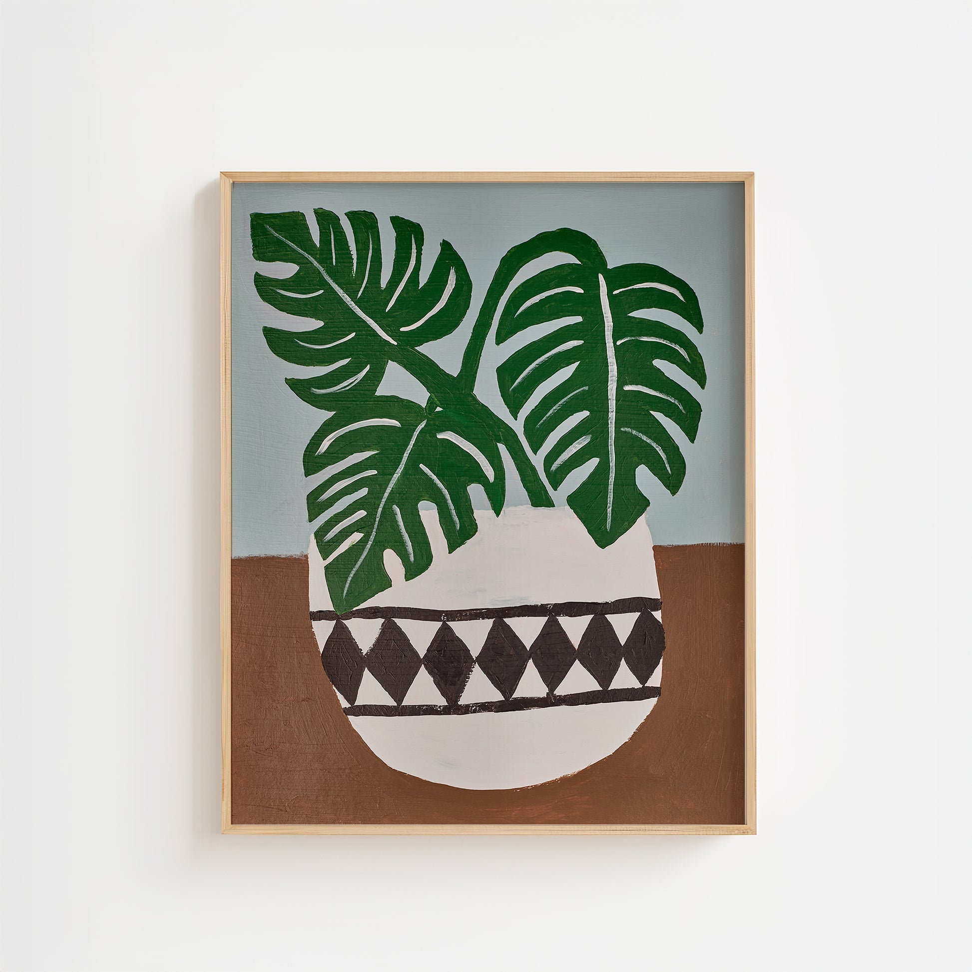 Monstera plant acrylic painting wall art in geometric vase – botanical art print inspired by an original painting, featuring green leaves and warm earthy tones for modern and mid-century home decor.