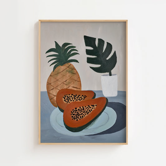Papaya and pineapple still life acrylic painting art print – tropical fruit wall art with green leaf and neutral tones, perfect for kitchen or dining room decor.